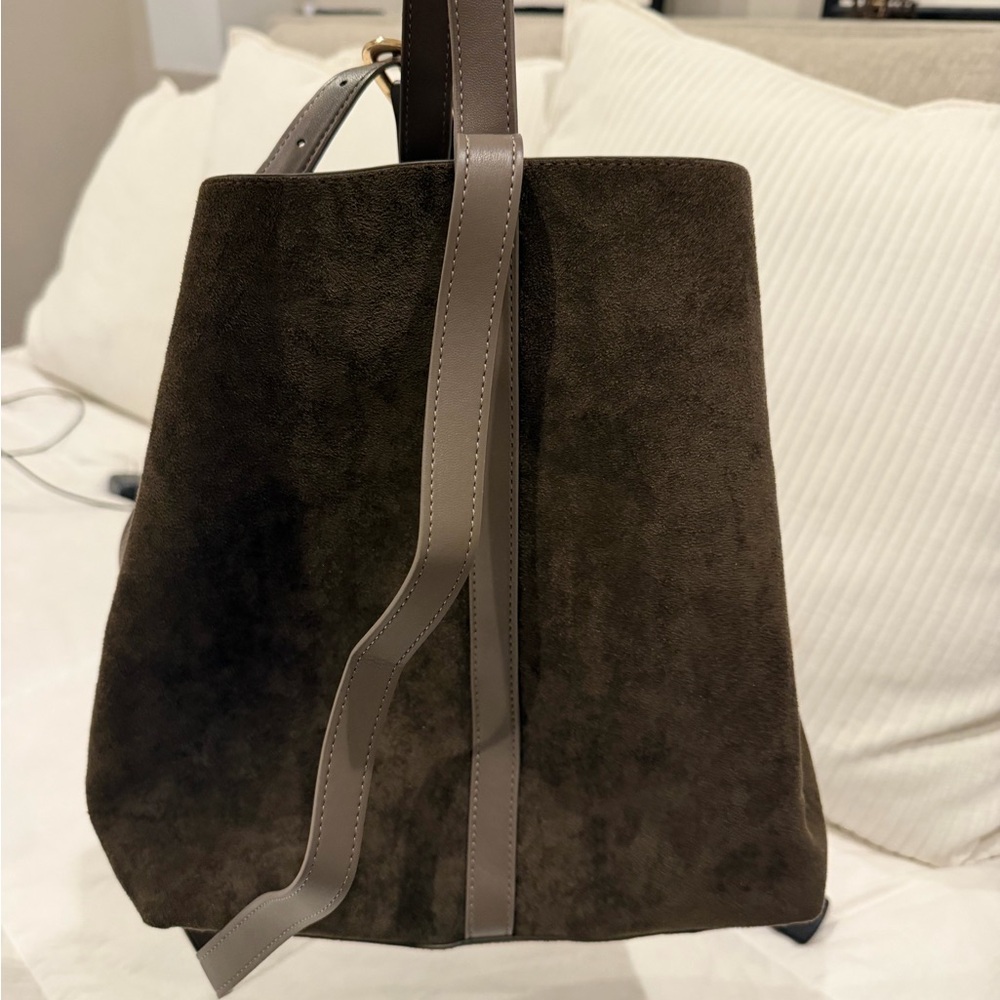 Old Navy Dark Brown Suede Bucket Bag with Taupe Straps